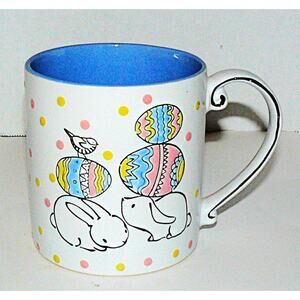 Easter Ceramic Mug Bunnies Eggs Polka Dots Blue Interior "I Love It" Brand